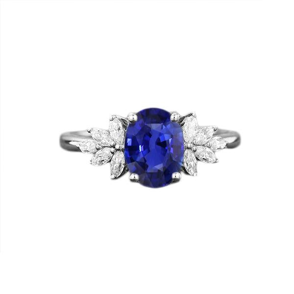 Oval Gemstone Blue Sapphire Ring With Marquise Diamonds 3.50 Carats