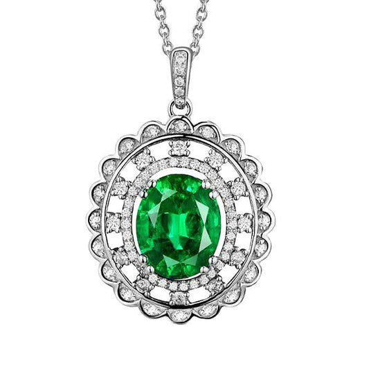 Oval Green Emerald Gemstone Pendant 5.25 Carats White Gold 14K
