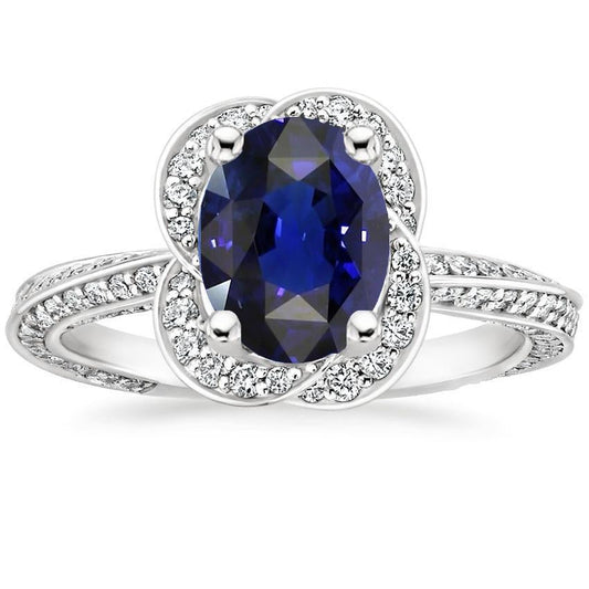Oval Halo Sri Lankan Sapphire Ring 5 Carats Flower Style Diamonds