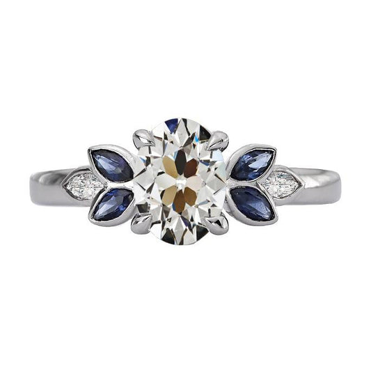 Oval Old Cut Diamond & Marquise Blue Sapphires Ring 6.50 Carats