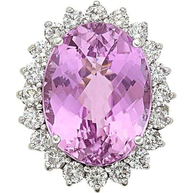 Oval Pink Natural Kunzite Diamond Wedding Ring 26 Ct. White Gold 14K