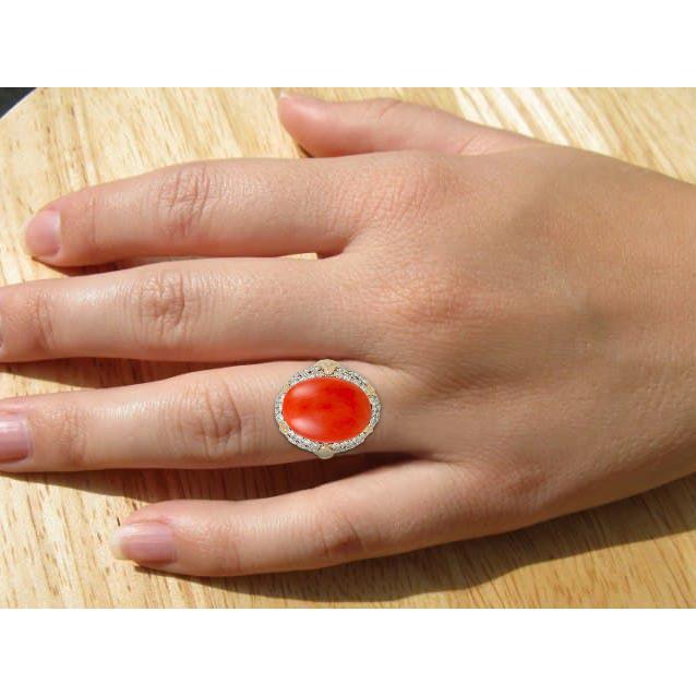 Oval Red Coral With Diamonds 11.20 Ct Wedding Ring 14K Yellow Gold 14K