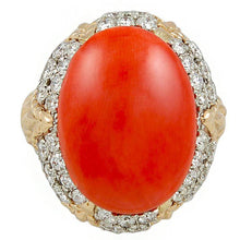 Oval Red Coral With Diamonds 11.20 Ct Wedding Ring 14K Yellow Gold 14K