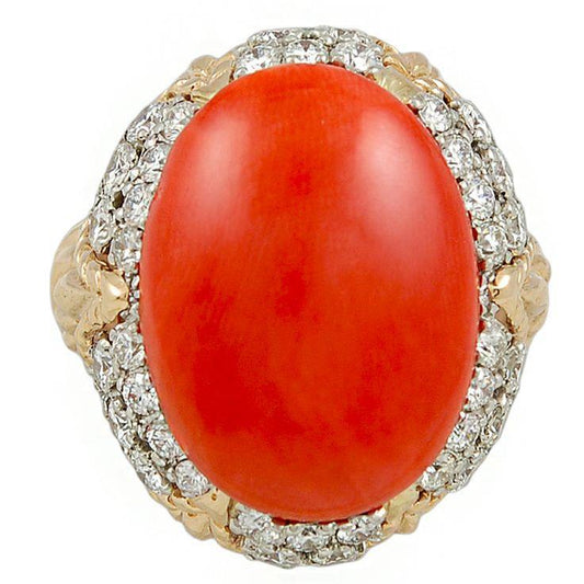 Oval Red Coral With Diamonds 11.20 Ct Wedding Ring 14K Yellow Gold 14K