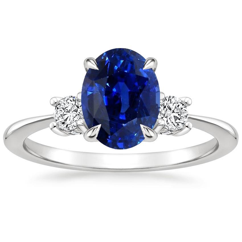 Oval & Round Diamond 3 Stone Ring Sri Lankan Sapphire 3.50 Carats Gold