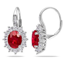 Oval Ruby And Diamonds 7.50 Ct Dangle Earrings 14K White Gold