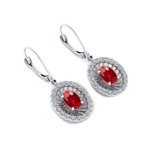Oval Ruby And Round Diamonds 4 Carats Dangle Earrings White Gold 14K