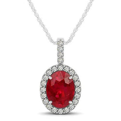 Oval Ruby & Diamond Pendant Necklace 9.10 Ct White Gold 14K
