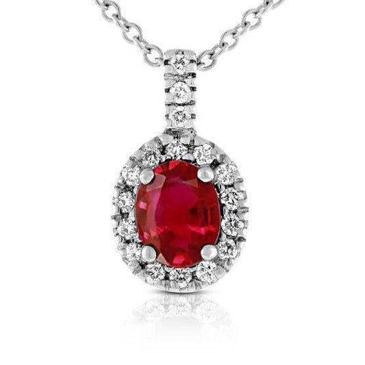 Oval Ruby With Diamond Pendant Necklace 4.75 Carat White Gold 14K