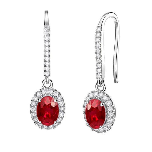 Oval Ruby With Round Diamonds 7.50 Ct. Dangle Earrings White Gold 14K