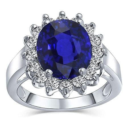Oval Sapphire Gemstone Ring 3.50 Carats Flower Style Diamonds