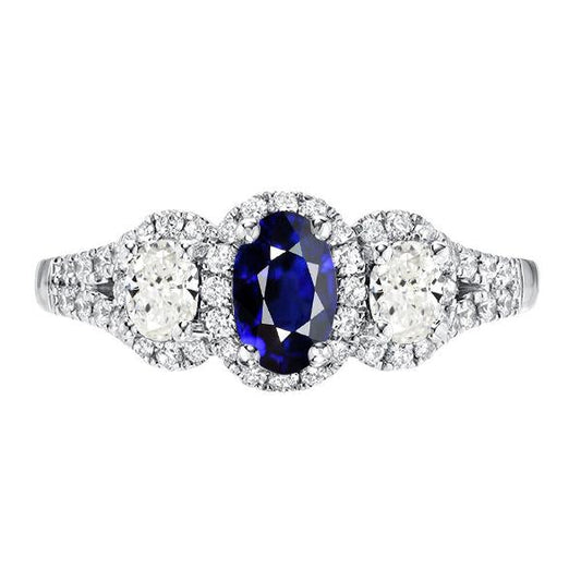 Oval Sapphire Halo Ring 3 Stone Style 3.50 Carats Split Shank Diamonds