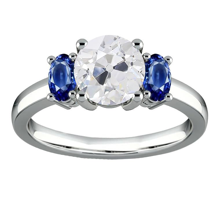 Oval Sapphire Three Stone Ring Old European Round Diamond 4.50 Carats