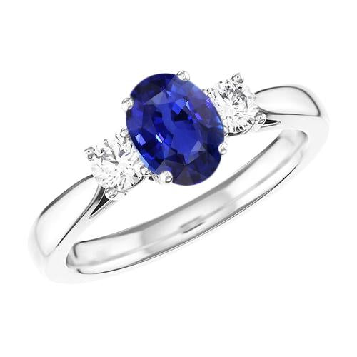 Oval Sapphire Three Stone Round Diamond Ring 2 Carats Gold 14K