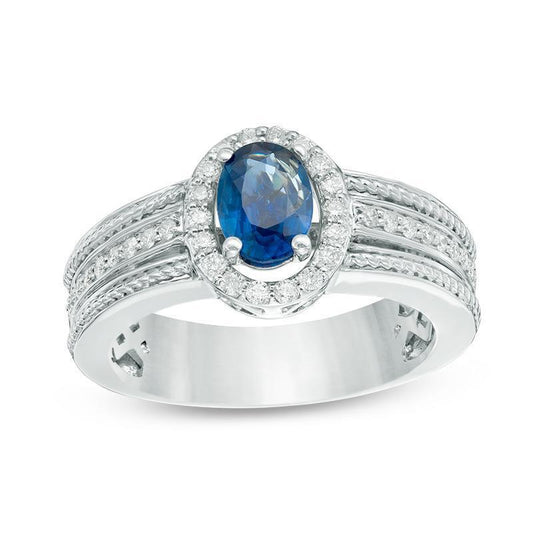 Oval Sapphire With Diamonds 3.20 Ct Anniversary Ring White Gold
