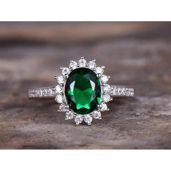 Oval Shape Green Emerald And Diamond Ring White Gold 14K 5.75 Ct