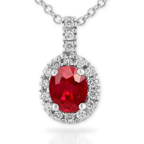 Oval Shape Red Ruby Gem 4.75 Carat Diamond Pendant White Gold 14K