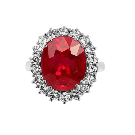 Oval Shape Red Ruby Gemstone With Diamond Ring White Gold 14K 10.50 Ct