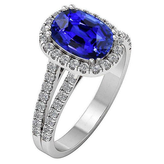 Oval Shaped Halo Blue Sapphire Ring Split Shank Diamond 5 Carats