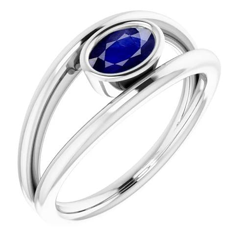 Oval Solitaire 2 Carat Ring Bezel Set Blue Ceylon Sapphire Gold 14K