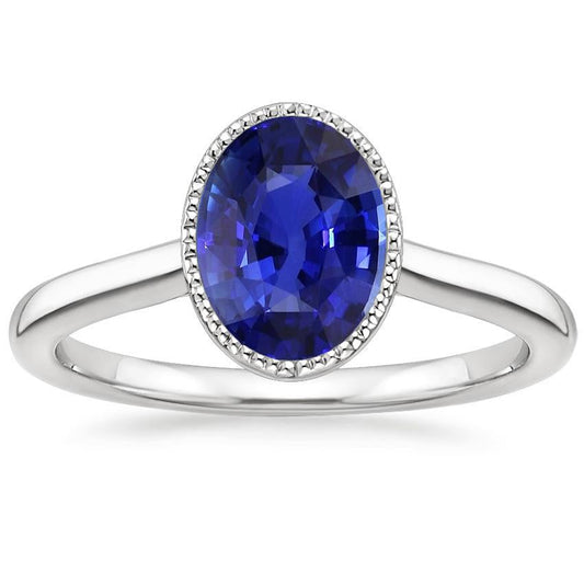 Oval Solitaire Blue Sapphire Ring Bezel Set 2.50 Carats Jewelry