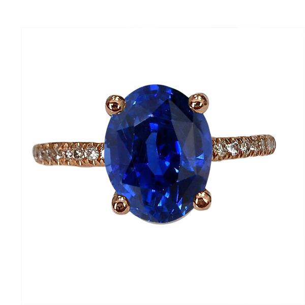 Oval Solitaire Blue Sapphire Ring & Pave Set Diamonds 4.50 Carats