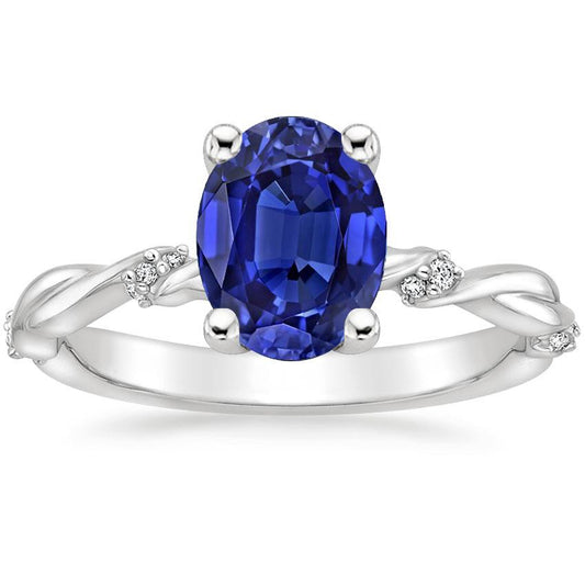 Oval Solitaire Blue Sapphire With Accents Ring Twist Style 3.50 Carats