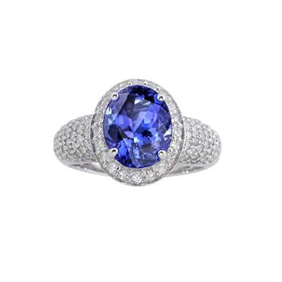 Oval Tanzanite & Diamonds 7 Carats Ring Pave White Gold 14K