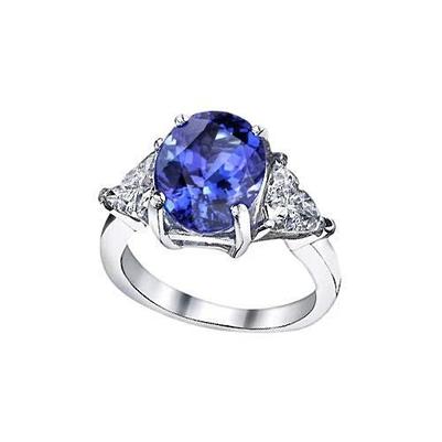 Oval Tanzanite Trillion Diamonds Three Stone Ring 6 Carats Gold 14K