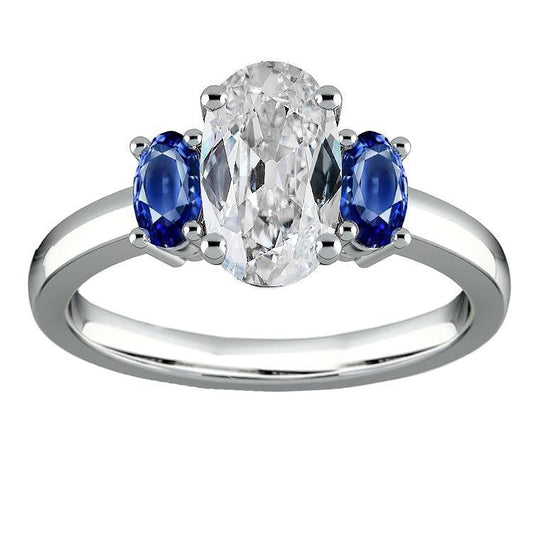 Oval Three Stone Ring Old Miner Diamond & Blue Sapphires 7 Carats