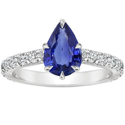 Pave Natural Earth Mined Diamond Engagement Ring Prong Set Pear Blue Sapphire 5.50 Carats