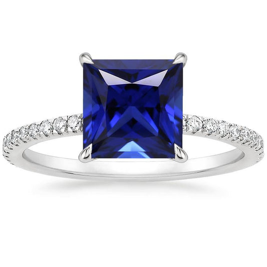 Pave Diamond Ring With Princess Ceylon Sapphire Center 5.50 Carats