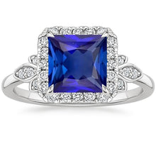 Pave Halo Diamond Ring With Princess Blue Sapphire Center 6 Carat Gold