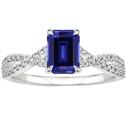 Pave Setting Engagement Ring Emerald Blue Sapphire & Diamond 4 Carats
