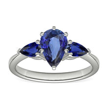 Pear Blue Sapphire Three Stone Ring 2 Carats White Gold 14K