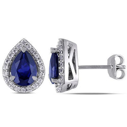 Pear Ceylon Blue Sapphire Natural Earth Mined Diamonds 3.44 Ct Studs Earring White Gold 14K