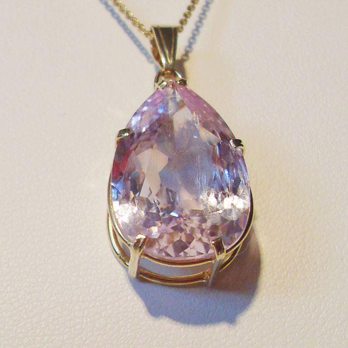 Pear Cut 32 Ct Big Pink Kunzite Pendant Necklace Yellow Gold