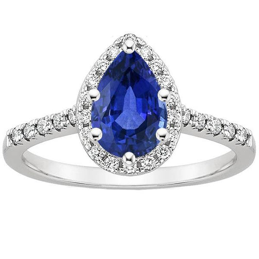 Pear Cut Blue Sapphire & Diamond Halo Ring 3.50 Carats Ladies Jewelry