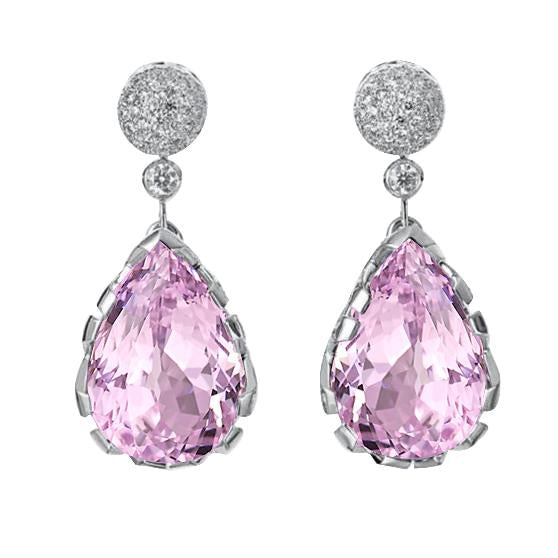 Pear Cut Kunzite And Round Diamond Dangle Earring 8.70 Carat WG 14K