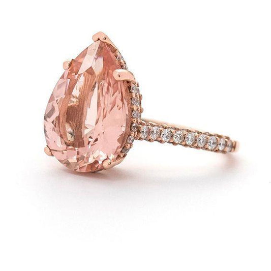 Pear Cut Morganite And Diamonds 9.25 Ct Wedding Ring Rose Gold 14K