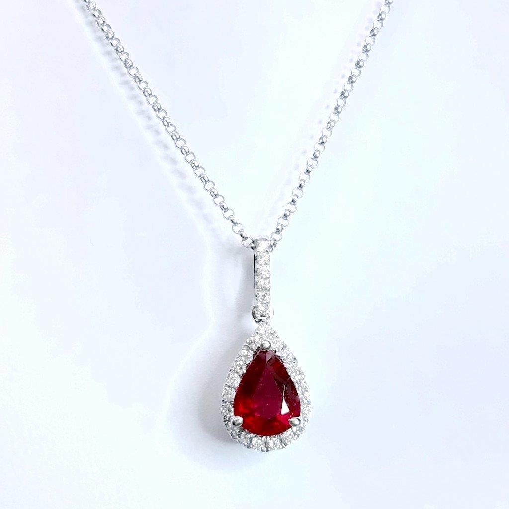 Pear Cut Ruby And Diamond Necklace Pendant 4 Carats White Gold 14K