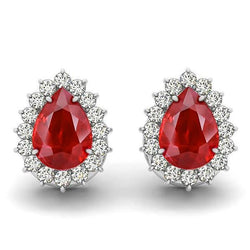 Pear Cut Ruby And Round Natural Earth Mined Diamond 7.50 Carats Stud Halo Earrings