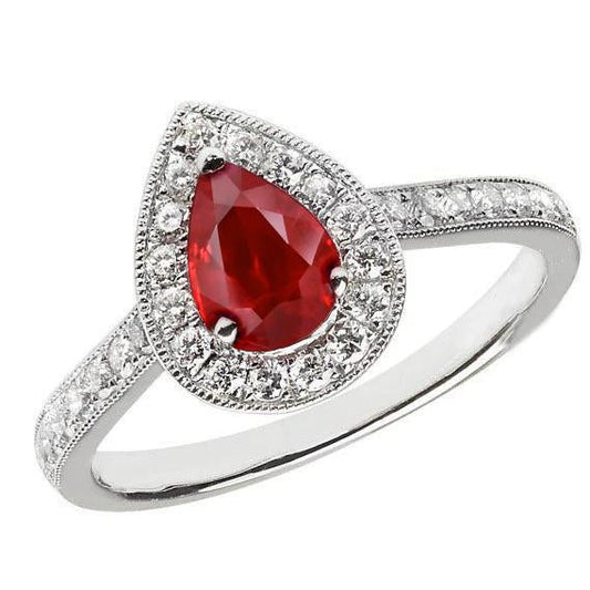 Pear Cut Ruby & Round Diamond 3 Carats Wedding Ring Gold White 14K