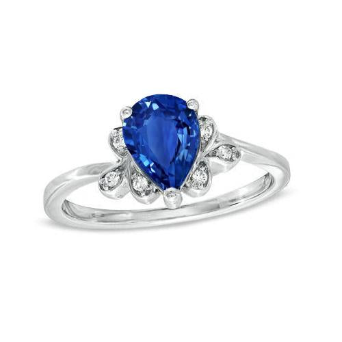 Pear Cut Sri Lankan Sapphire Diamonds 1.80 Ct Ring White Gold 14K