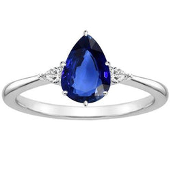 Pear Natural Earth Mined Diamond 3 Stone Blue Sapphire Ring 1.75 Carats Tapered Shank Gold
