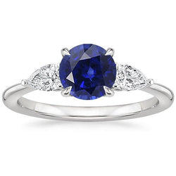 Pear Natural Earth Mined Diamond 3 Stone Ring Round Cut Blue Sapphire Jewellery 3 Carats