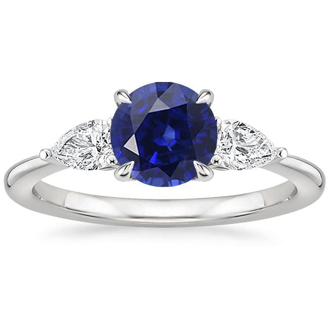 Pear Diamond 3 Stone Ring Round Cut Blue Sapphire Jewelry 3 Carats