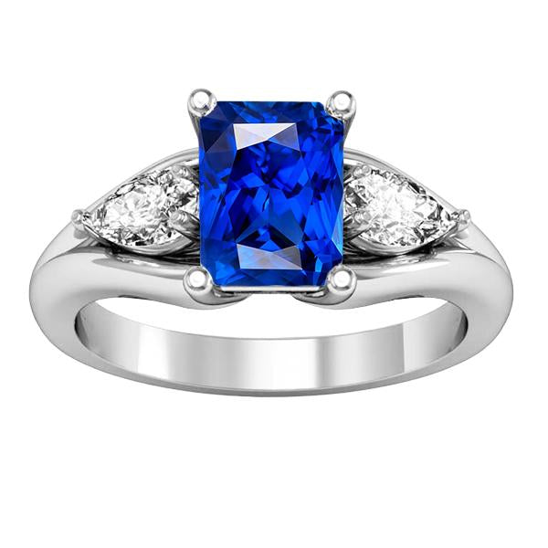 Pear Diamond Radiant Blue Sapphire Ring 3 Carats V Split Shank 3 Stone