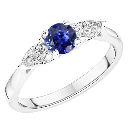 Pear Diamond Three Stone Round Natural Blue Sapphire Ring 1.50 Carats