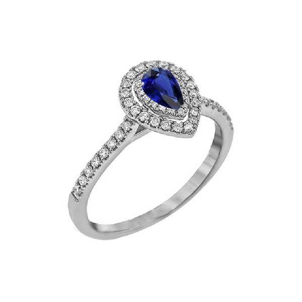 Pear Double Halo Ring Blue Sapphire 14K Gold Diamonds 2.50 Carats